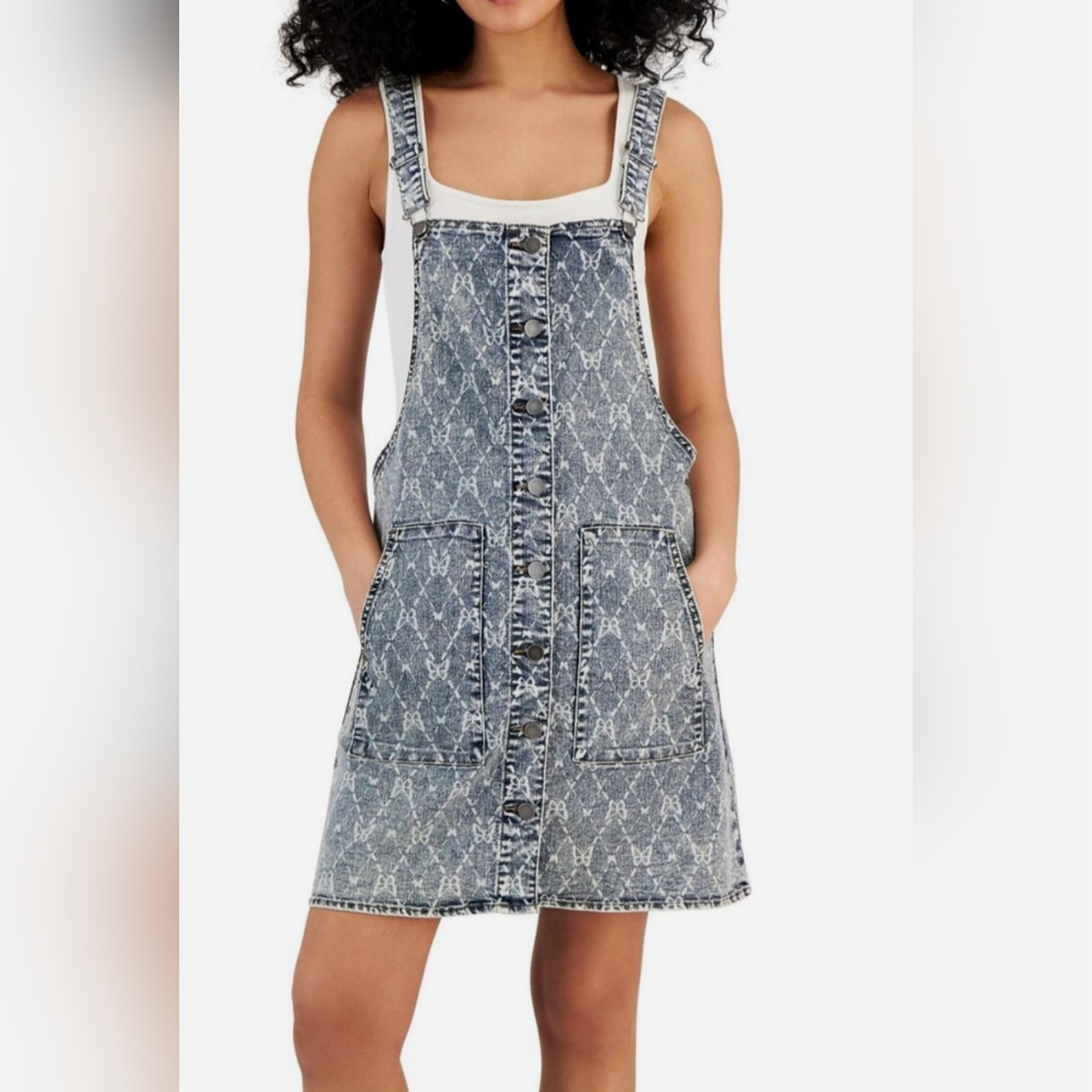 TINSELTOWN Ladies XS Blue Denim Mini Skirt Overall Dress, Butterfly Bows, NWT